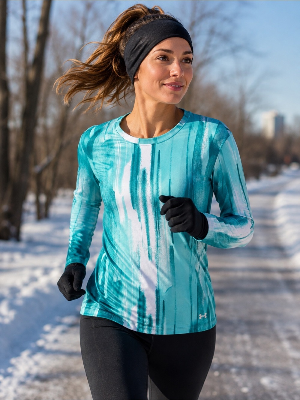 Under Armour ColdGear Fitted Long Sleeve Running Top Teal Print Size L